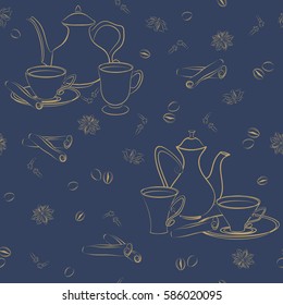Seamless pattern with coffee pot, cups, cinnamon, coffee beans, anise and cloves. Vector seamless pattern with coffee pot, cups and Oriental spices.