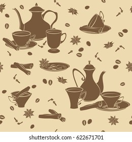 Seamless pattern with coffee pot, cups, cinnamon, coffee beans, anise and cloves. Vector seamless pattern with coffee pot, cups and Oriental spices.