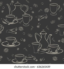 Seamless pattern with coffee pot, cups, cinnamon, coffee beans, anise and cloves. Vector seamless pattern with coffee pot, cups and Oriental spices.