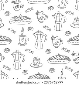 Seamless pattern with coffee pot, mugs of tea, apple pie and sweets. Cozy doodle vector hand drawn illustration.