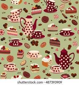 Seamless pattern with coffee pots, cups and sweets. Pattern with coffee, cakes, pastries, chocolate and spices.