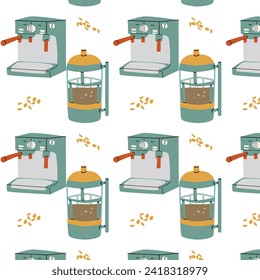 Seamless pattern with coffee pots and machine in cartoon style. Coffee machine and geyser coffee maker. Can used for kitchen textile, wrapping paper, poster. 