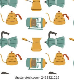 Seamless pattern with coffee pots and coffee maker. Coffee Brewing and pot vector illustration. Can used for kitchen textile, wrapping paper, poster. 