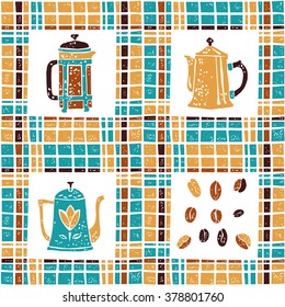 Seamless pattern coffee pots and plaid