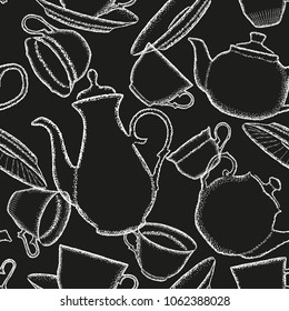 Seamless pattern from coffee pots, teapots, cups and plates. Black and white design.