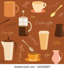Seamless pattern with coffee related elements and text