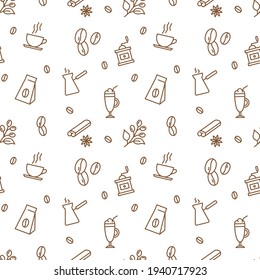 Seamless pattern of coffee.  Repeated texture for cafe menu, shop wrapping paper, packaging, online shop background.