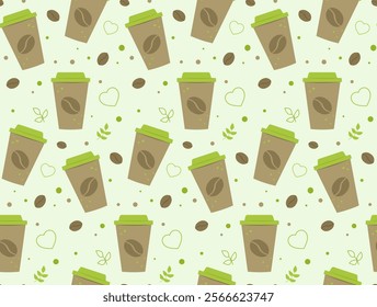 Seamless pattern with coffee. Repeating design element for printing on fabric. Aroma and beverage. Cup with hot drink. Cappuccino, mochaccino, latte and Americano. Flat vector illustration