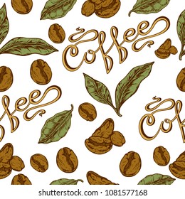 seamless pattern coffee in retro style painted by hand, coffee beans and leaves, graffiti, robuta, arabica, briquillia, liberica, coffee grades, vector illustration