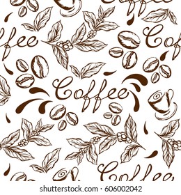 Seamless pattern with coffee in retro style with lettingum