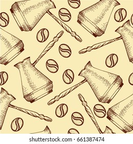 Seamless pattern of coffee in retro style, doodle