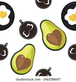 


Seamless pattern with coffee, scrambled eggs and avocado hearts. Vectone illustration for Valentine's Day. Pattern for packaging, fabric, wallpaper.