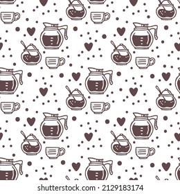 Seamless pattern with coffee set. Doodle style. Design element for banner, wrapping paper, fabric. Vector illustration.