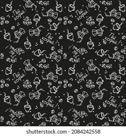 Seamless pattern for a coffee shop, design for any print. Decoration of fabric, paper, bags, boxes. Inscription in Slavic slang. design with cups and coffee beans, black background.