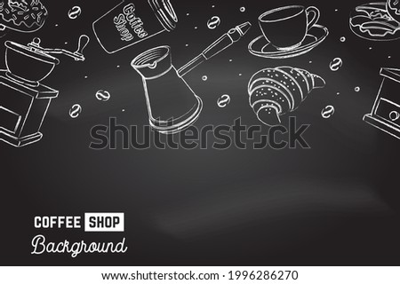 Seamless pattern for coffee shop, restaurant, cafe, bar. Cafe menu background. Vector. Coffee, croissant, cup, beans, grinder and grinder on the chalkboard