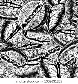 Seamless pattern with coffee sketch. Hand drawn graphic design. Black and white background with coffee beans. Vintage vector illustration.
