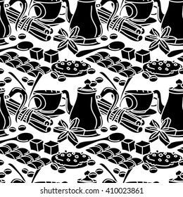 Seamless pattern with coffee, spices and sweets. Coffee mug, chcolate bar, cinnamon stick, star anise, pastry. Line art. Cartoon style. Black and white.