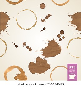 Seamless pattern of coffee stain and drop. Isolated on white background.