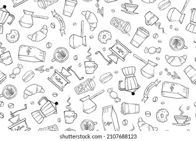 Seamless pattern of coffee stuff in doodle style, monochrome vector illustration