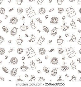 Seamless pattern with coffee and sweets, doodles. Paper cups, cup and bakery. Muffin, croissant, cupcake, cake, latte, americano, cappuccino, coffee beans, macarons, donuts. Vector pattern, outline.