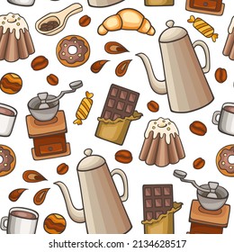 Seamless pattern with coffee and sweets on a white background. Vector illustration