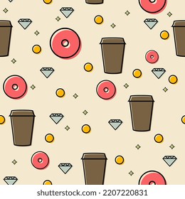 Nahtloses Muster mit Kaffee, Süßigkeiten und anderen Elementen. Ein Kaffee zum Mitnehmen, ein Donut, ein Diamant. Illustration der Linie. Gut zum Drucken auf Kaffeetassen. Kaffeehaus-Hintergrund 