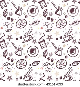 Seamless pattern with coffee, sweets, and other elements. A Turk for coffee, a croissant, coffee beans, donut etc. Lineart illustration Pattern.