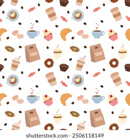 Seamless pattern with coffee and sweets. Paper cups, cup and bakery. Muffin, croissant, cupcake, cake, latte, americano, cappuccino, coffee beans, macarons, donuts. Vector pattern, flat style.