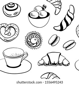 Seamless pattern with coffee, sweets, pastry in sketchy style isolated on white background. Hand drawn vector illustration