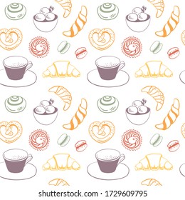 Seamless pattern with coffee, sweets, pastry. Colorful set of desserts in sketchy style isolated on white background. Doodle hand drawn desserts and pastry. Vector illustration