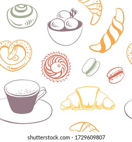 Seamless pattern with coffee, sweets, pastry. Colorful set of desserts in sketchy style isolated on white background. Doodle hand drawn desserts and pastry. Vector illustration