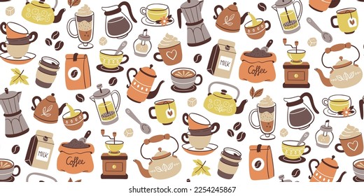 Seamless pattern of coffee and tea. Colorful cliparts of teapots, cups, coffee, herbal teas... Tileable background, perfect for decorating walls and surfaces. Vector illustration.