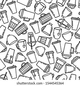 Seamless pattern coffee, tea cups for design menu cafe and restaurant.Vector doodle illustration isolated on white background.Design wallpaper, branding, packing, print t shirt. Perfect funny cartoon.
