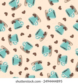 Seamless pattern with coffee or tea cups and hearts. Hand drawn mugs repeat background. Restaurant menu background or kitchen wallpaper design.