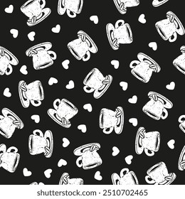 Seamless pattern with coffee or tea cups and hearts. Hand drawn mugs repeat background. Restaurant menu background or kitchen wallpaper design.