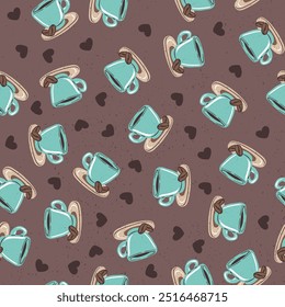 Seamless pattern with coffee or tea cups and hearts. Hand drawn mugs repeat background. Restaurant menu background or kitchen wallpaper design.