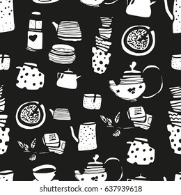 Seamless pattern with coffee or tea. Cups and teapots. Hand drawn food elements. For menu decoration. Cartoon. Simple stylized forms. 