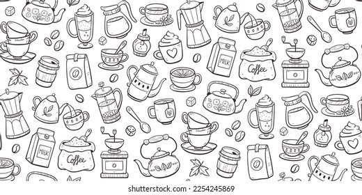 Seamless pattern of coffee and tea. Doodle cliparts of teapots, cups, coffee, herbal teas... Tileable background, perfect for decorating walls and surfaces. Vector illustration.