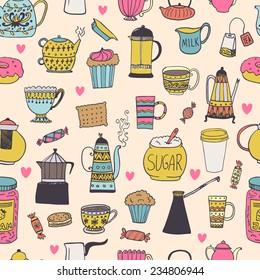 The seamless pattern with coffee and tea kettles. Cups, sweets, candies. Food and drinks. Hand drawn vector background
