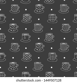 Seamless pattern with coffee and tea mugs. Repeat chalkboard background.