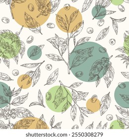 Seamless pattern with coffee and tea: coffee plant, coffee fruit, green tea, branch tea and tea leaves. Vector hand drawn illustration.