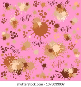 Seamless Pattern with coffee text, beans and coffee stains. Vintage restaurant menu. Brown and pink pattern. Coffee House cover concept. Useful for background cafe. Background image. Vector