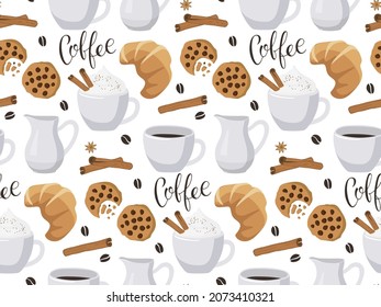 Seamless pattern with Coffee text, two coffee mugs, creamer, croissant, cookies, cinnamon. Vector calligraphy lettering. Repeated template for textile, wrapping paper, wallpaper, cover design