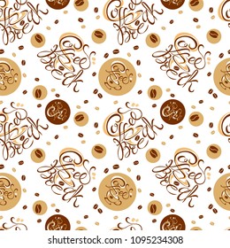 Seamless pattern. Coffee theme. Coffee-break. Lettering. A Cup of coffee. The seeds of coffee. On white background.Vector illustration