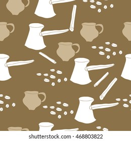 Seamless   pattern of  coffee theme, doodles,  object, caps, grains,pots, cinnamon . Hand drawn.