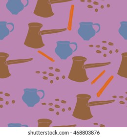 Seamless   pattern of  coffee theme, doodles,  object, caps, grains,pots, cinnamon . Hand drawn.