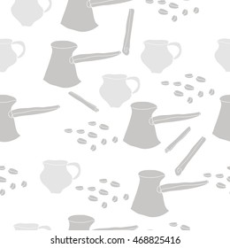 Seamless   pattern of  coffee theme, doodles,  object, caps, grains,pots, cinnamon . Hand drawn.