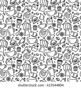 Seamless pattern for coffee theme. Line art draw icons.Vector illustration