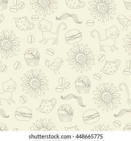 seamless pattern, coffee theme, a linear pattern on a light background