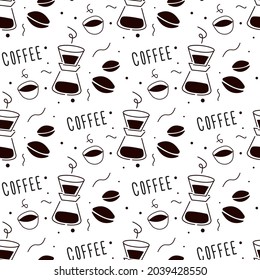 Seamless pattern. Coffee time concept. Various types of coffee and machine. Different cafe elements and objects. Makers for cafeteria. Cups of hot drink. Background and wallpaper. Vector illustration